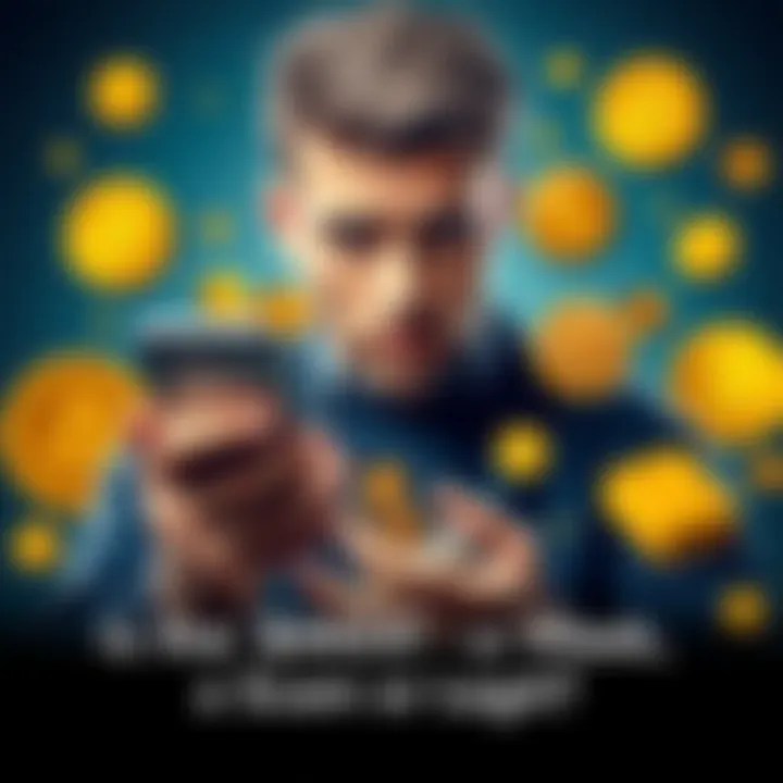 Crypto Offer Concept A person looking confused while holding a smartphone with a banking app and cryptocurrency icons around them.