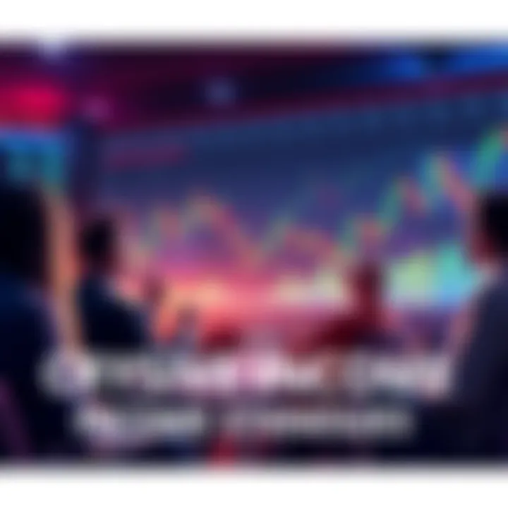 A visual representation of people discussing crypto investment strategies, with charts and graphs in the background showing market fluctuations.