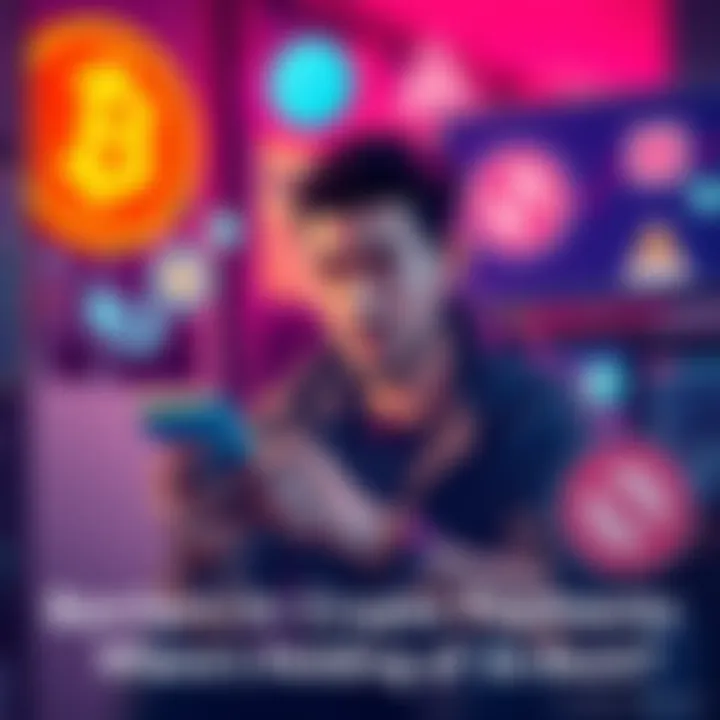 Everyday Cryptocurrency Payment Barriers A person trying to make a payment with a smartphone while looking confused, surrounded by symbols of crypto and payment rejection signs.