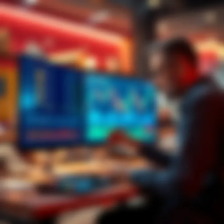 A business owner analyzing cryptocurrency payment options and FMV data on a computer screen with financial charts.