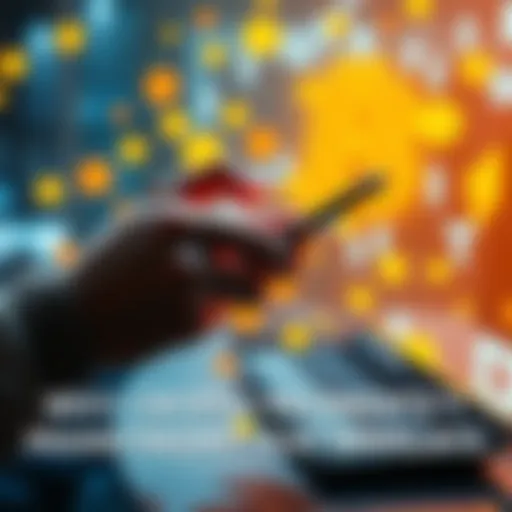 A person using a smartphone to make a cryptocurrency payment, with digital currency symbols in the background.