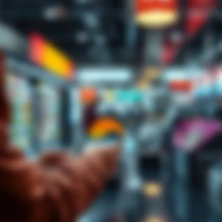 A customer pays for items at a checkout counter using a smartphone app for cryptocurrency transaction
