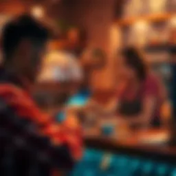 A person using a smartphone app to make a cryptocurrency payment at a cafe while a barista accepts it at the counter
