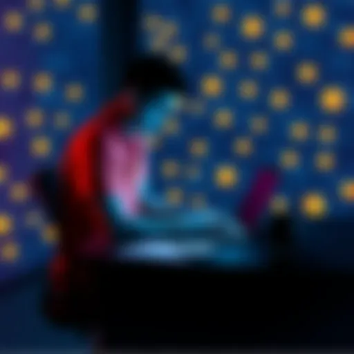 A person sitting at a desk with a laptop, surrounded by cryptocurrency symbols, planning a crypto-paywall for content monetization.