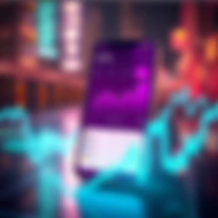 A conceptual illustration of a mobile app displaying profits and losses for various cryptocurrencies with charts and graphs