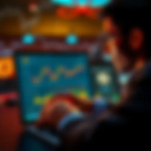 A person analyzing a cryptocurrency portfolio on a laptop, showing various digital coins and charts, with a thoughtful expression.