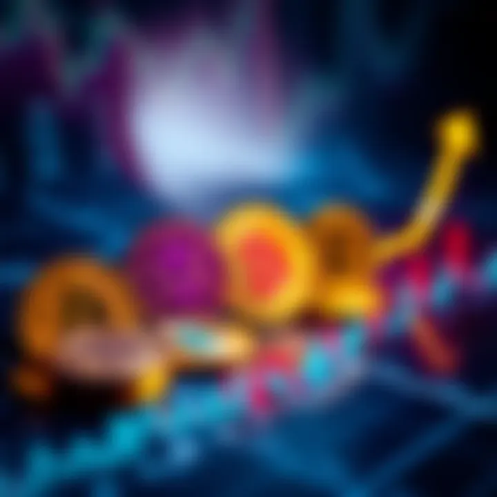 A variety of cryptocurrency coins representing Bitcoin, Ethereum, Solana, Render, and Celestia on a financial chart with an upward trend.