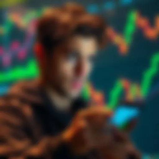 A person looking worried while checking cryptocurrency prices on a smartphone, with graphs showing a downward trend in the background.