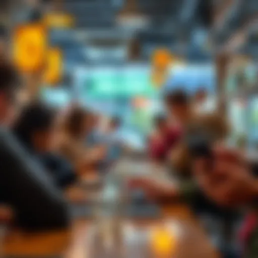 People using a cryptocurrency wallet app on their smartphones in a coffee shop setting