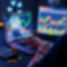 A person analyzing crypto charts on a laptop while considering investment profits, with a calculator and coins nearby.
