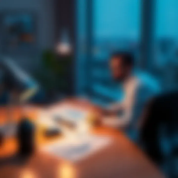 A person contemplating selling Bitcoin and Ethereum for a property purchase, sitting at a desk with charts and property brochures