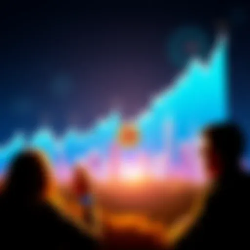 A graph showing rising cryptocurrency prices, highlighting popular projects like Bitcoin and Ethereum, with frustrated investors in the background.