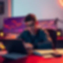 A crypto enthusiast sits at a desk, looking frustrated while viewing falling cryptocurrency charts on a laptop, with loan documents scattered around.