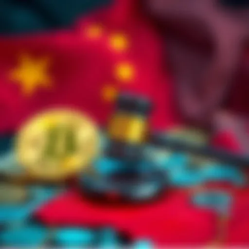 A visual representation of cryptocurrency symbols with a gavel, symbolizing the impact of new regulations, alongside the Chinese flag indicating China's historical influence,
