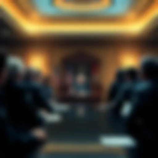 A group of lawmakers discussing cryptocurrency regulations in a meeting room, showing urgency and focus.