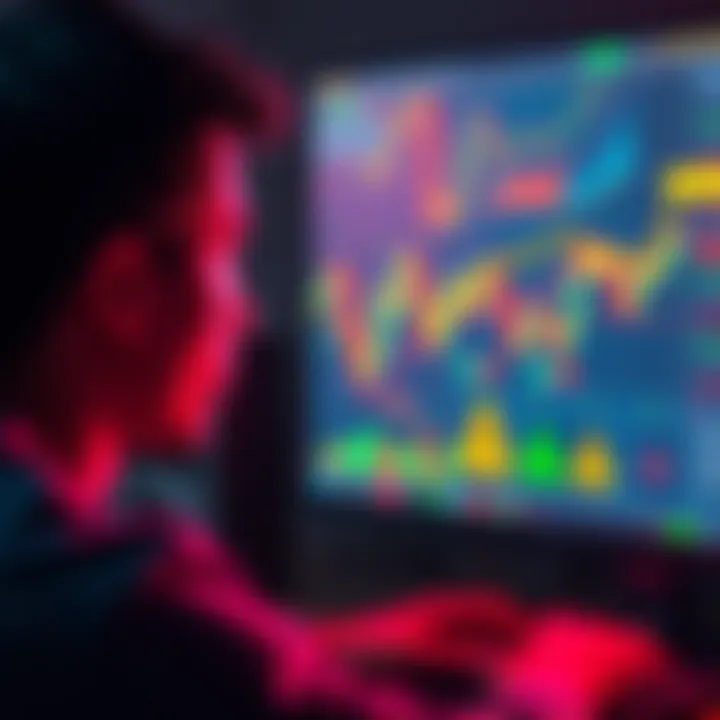 A person looking at a computer screen displaying cryptocurrency charts and warning symbols about scams