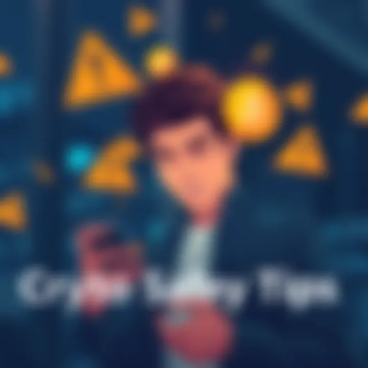 A digital illustration showing a person looking at their smartphone with warning signs around them, representing caution in crypto trading.