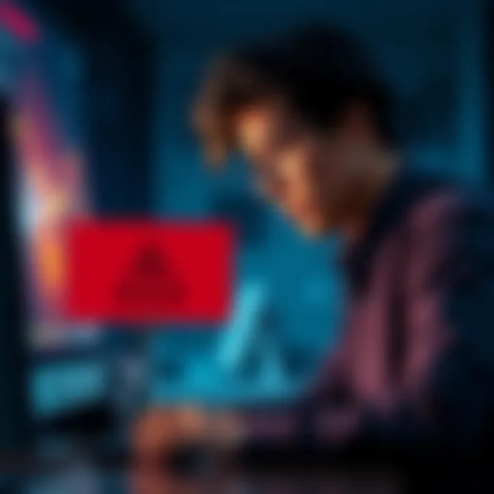 A concerned person looking at their computer with a warning sign about seed phrase scams