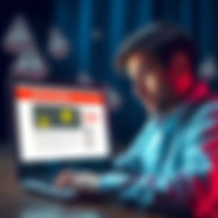 Crypto scams awareness A person looking worried while examining a laptop with a suspicious job ad on the screen, surrounded by warning signs about crypto scams.