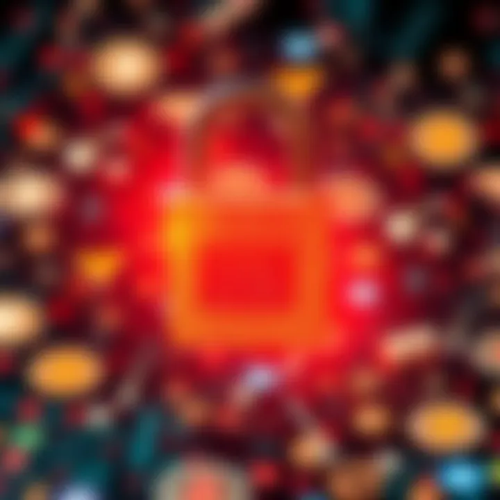 A digital padlock symbol overlaid on a blurred background of cryptocurrency icons, representing the risks of holding digital assets.