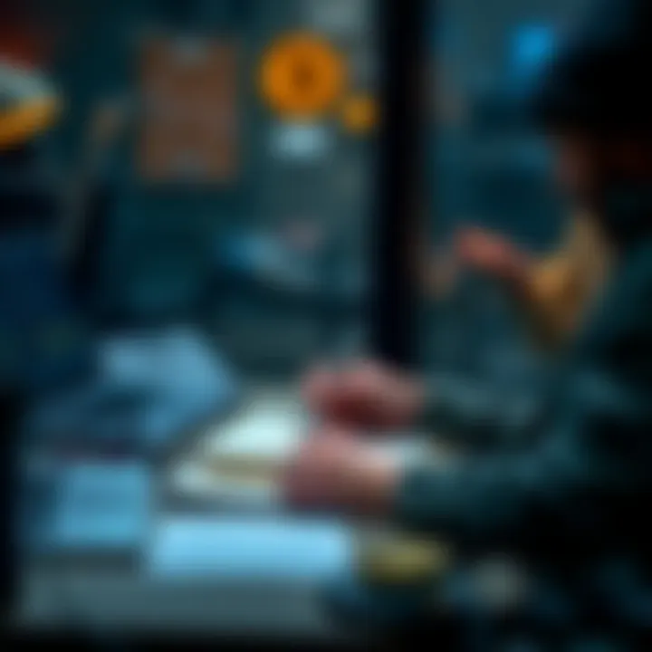 A person reviewing a checklist about cryptocurrency security tips on a digital device while sitting at a desk with a laptop and a notepad.