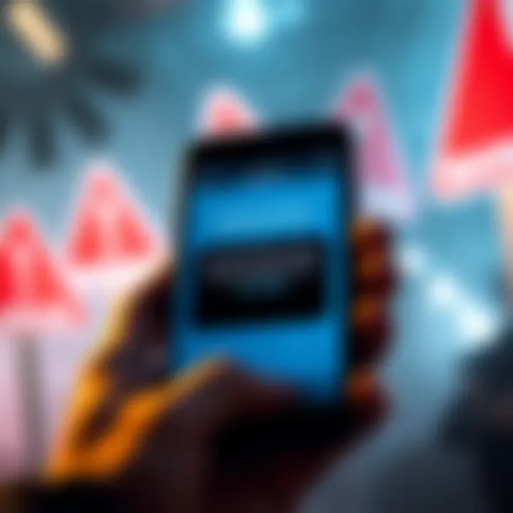 A smartphone showing a suspicious direct message about high cryptocurrency returns, with warning signs in the background