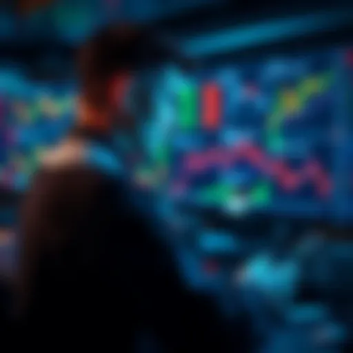 A trader analyzing crypto stocks on a digital platform with charts and graphs displayed on screens.