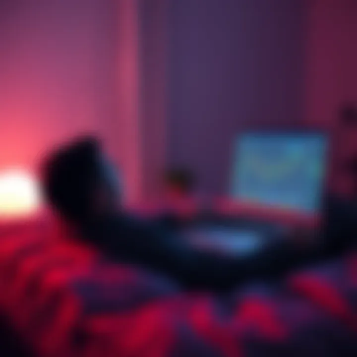 A person relaxing with a laptop, monitoring cryptocurrency investments in a calm environment, with charts and graphs visible on the screen.