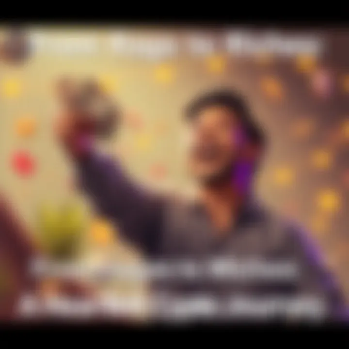 A person joyfully holding cash and crypto symbols in a vibrant setting, showcasing a journey from hardship to wealth.