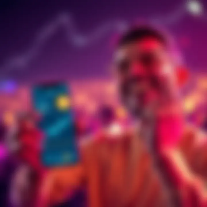 A person smiling and holding a phone showing Bitcoin chart with upward trend