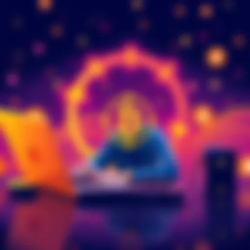 Illustration showing a person using a laptop with cryptocurrency symbols and swap arrows around it