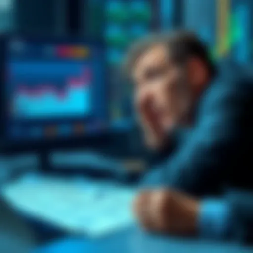 A distressed investor looking at a computer screen displaying falling cryptocurrency values and tax forms, showing concern about airdrop losses