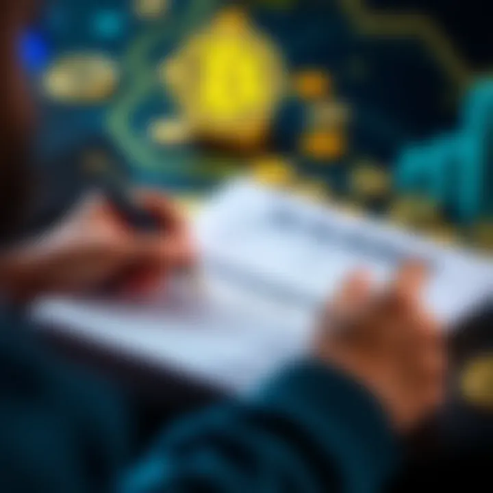 A person filling out tax forms with cryptocurrency symbols in the background, showing the importance of reporting gains.