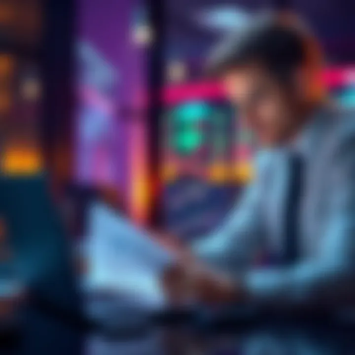 An accountant assists a client with cryptocurrency tax paperwork and calculations on a laptop.