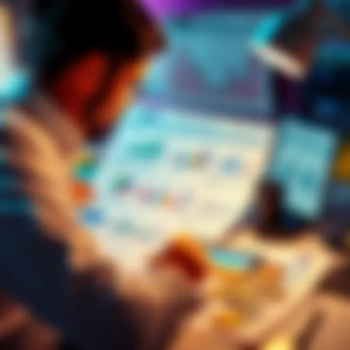 A person analyzing cryptocurrency tax obligations with charts and tax forms on a desk.