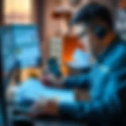 A person organizing documents and charts for cryptocurrency tax filing, looking focused on their computer.