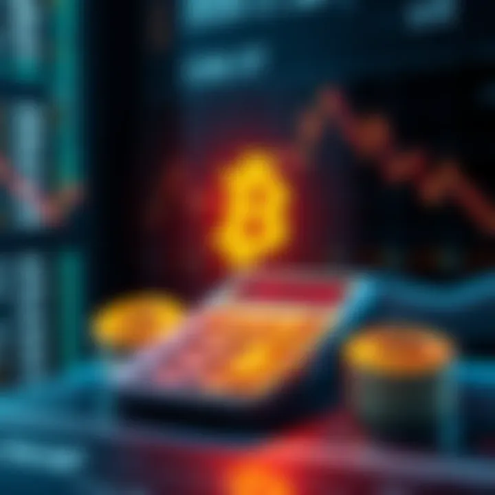 An illustration showing a calculator and cryptocurrency symbols representing tax calculations on digital assets.