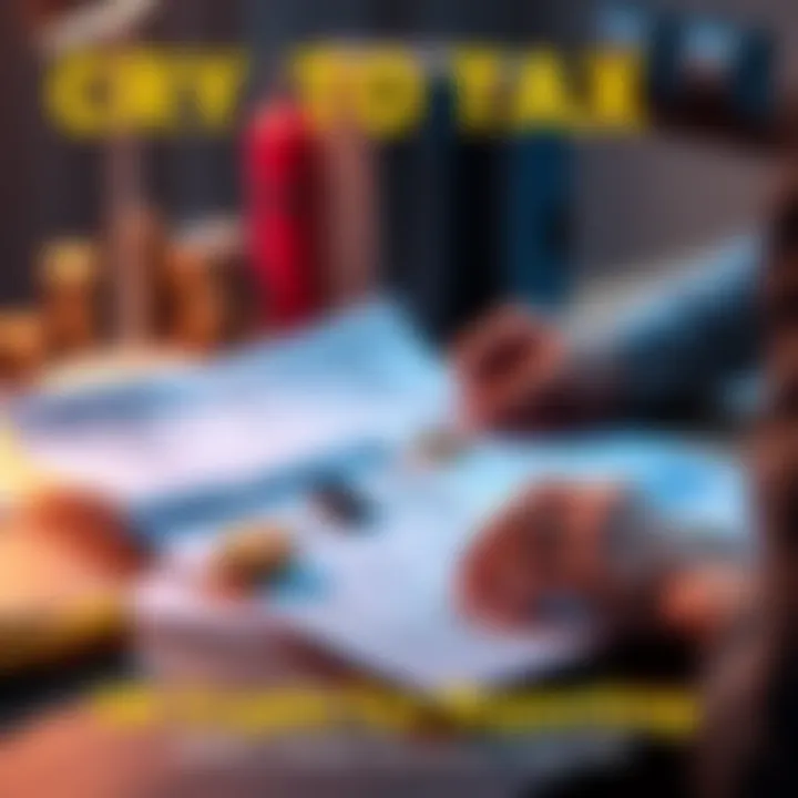 Crypto Tax Reporting A person reviewing financial documents with cryptocurrency symbols and tax forms on a desk, emphasizing the importance of accurate tax reporting in the UK.