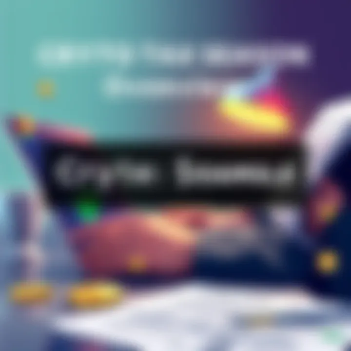 Illustration showing a person calculating cryptocurrency transactions with a laptop and tax documents