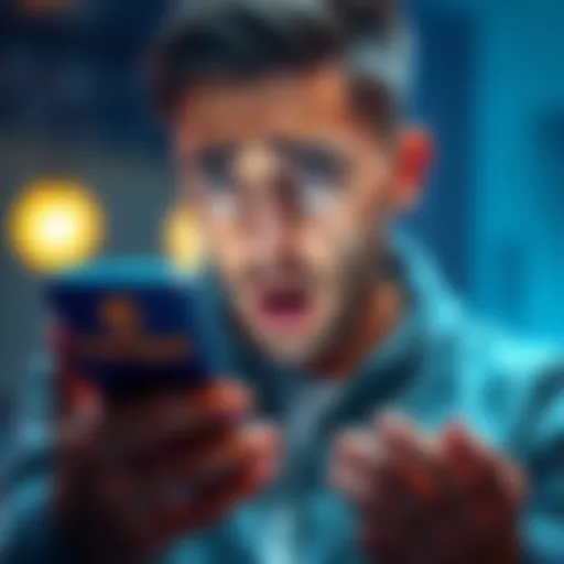 A worried person looking at a smartphone with a shocked expression, symbolizing crypto theft from a Coinspot account.