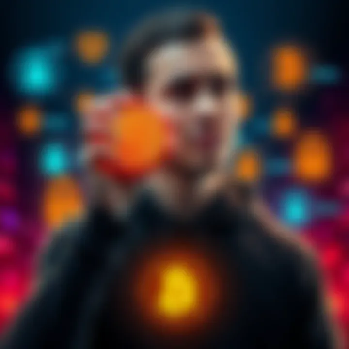 A person looking worried while holding a Bitcoin symbol, surrounded by various digital security icons.
