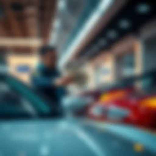 A person exchanging cryptocurrency for a car in a dealership setting, showing a seamless transaction process.