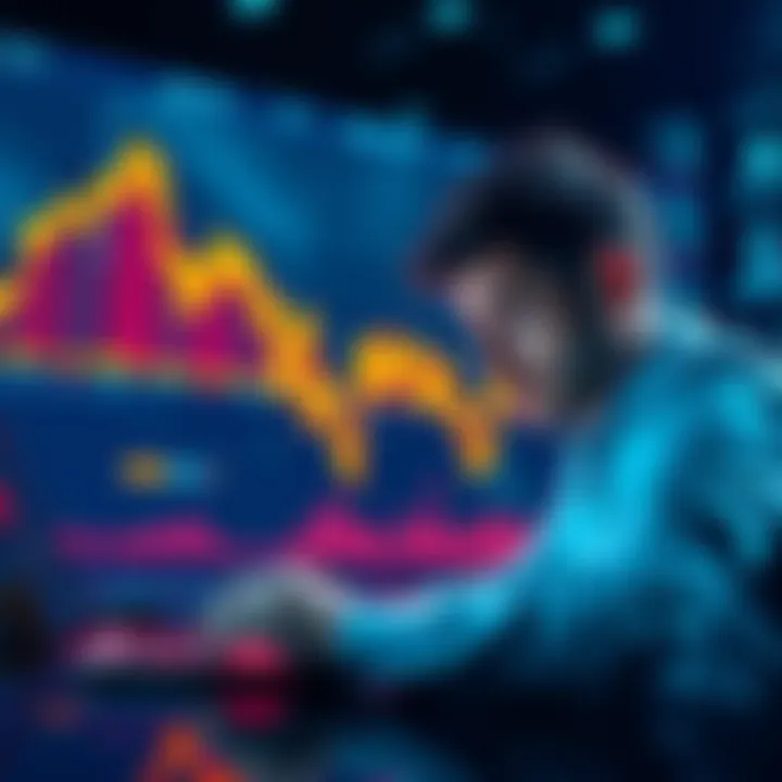 A graph showing a downward trend in cryptocurrency values, indicating a failed trade. A person appears concerned while analyzing market data on a laptop.