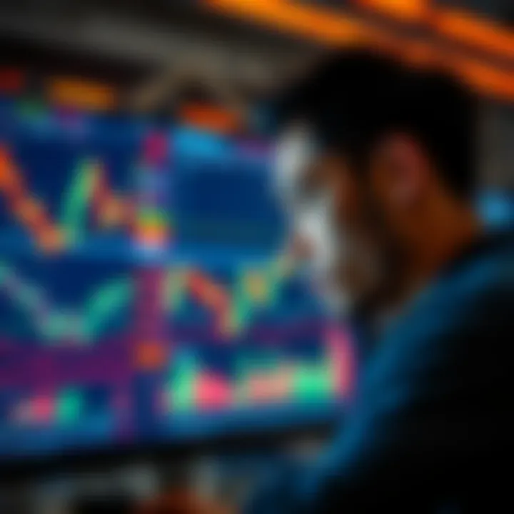 A cryptocurrency trader glances at fluctuating market charts on a screen, showing signs of emotional detachment during a significant market drop.