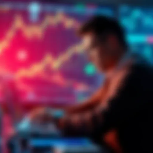 A focused crypto trader studying market charts on a laptop, surrounded by financial graphs and digital currency symbols.
