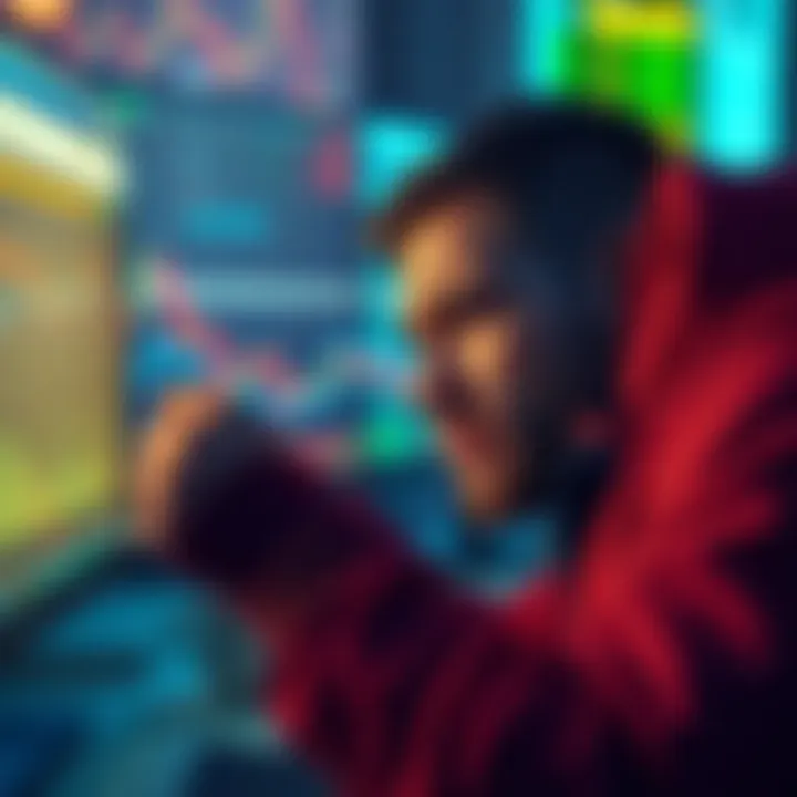 A frustrated crypto trader looking at downward trending charts on a computer screen, representing self-sabotage in trading.