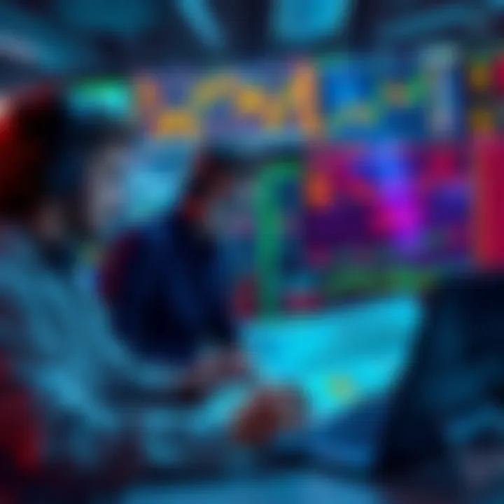 Group of crypto traders reviewing market charts and discussing strategies for successful trades
