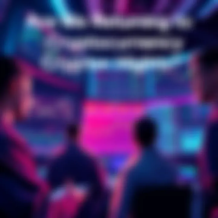 A group of crypto traders discussing trends and altcoins in front of multiple screens displaying charts and market data