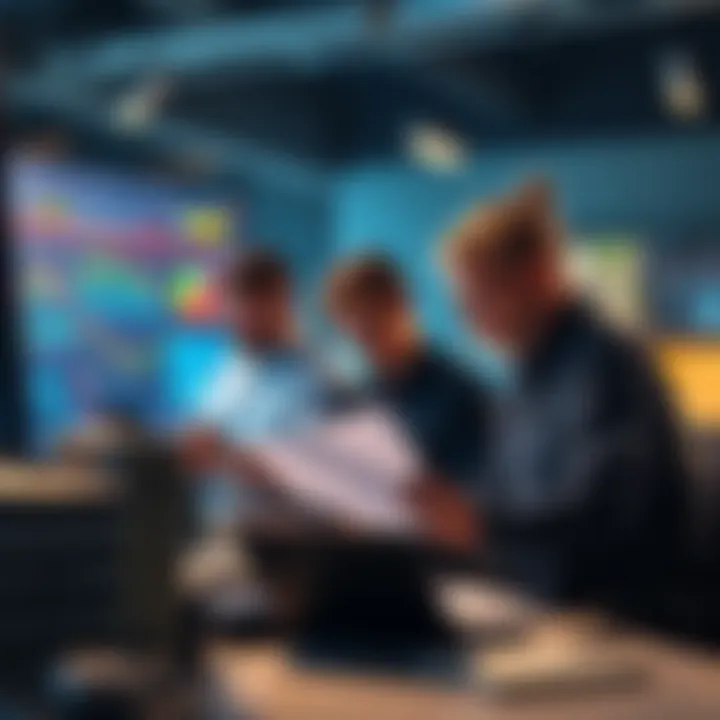 A group of crypto traders studying charts and discussing strategies at a modern workspace.