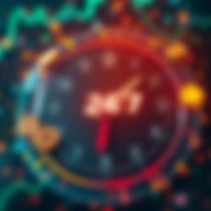 A digital representation of cryptocurrency symbols with a clock showing 24 hours, indicating round-the-clock trading opportunities.